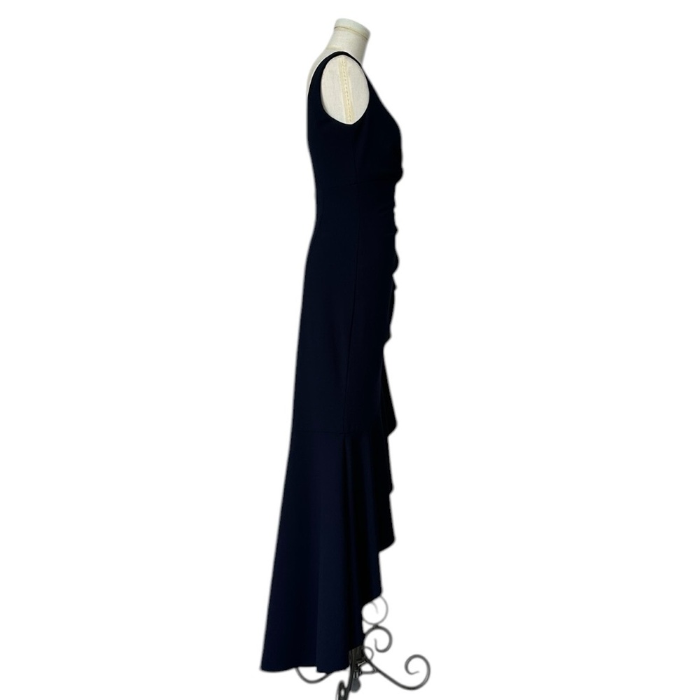 Betsy & Adam Candace Long V-neck Hi Low Cascade Dress Front Ruffle Navy Size 4 - Picture 10 of 15